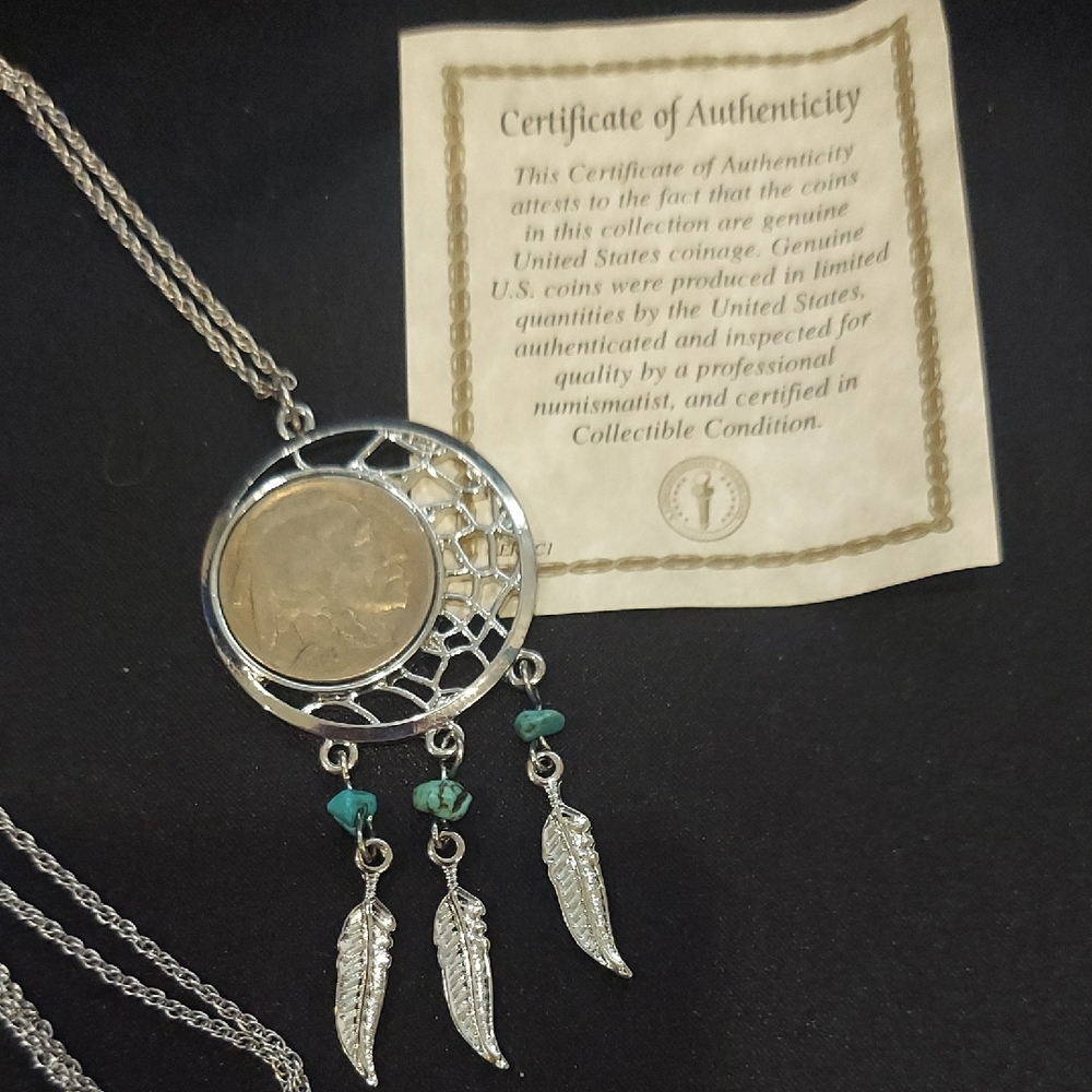 BUFFALO NICKEL Silver Dreamcatcher Coin Necklace with Turquoise Accents